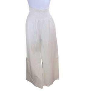 White Wide Leg Womens Pants High Waist Smocked Linen Blend M